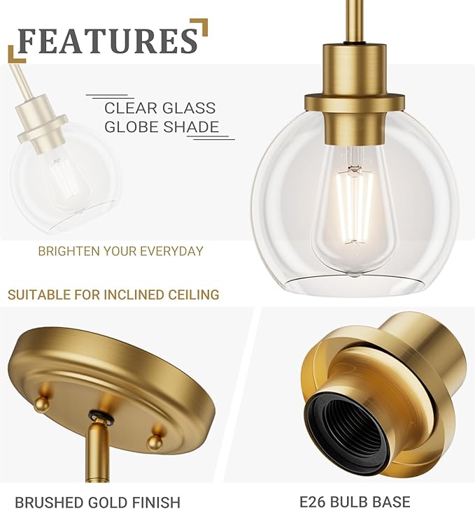 Ralbay Brushed Gold Pendant Light 2-Pack, Farmhouse Pendant Light Fixtures with Globe Clear Glass Shade, Kitchen Island Lighting for Dining Room, Rustic Adjustable Hanging Lighting Fixture