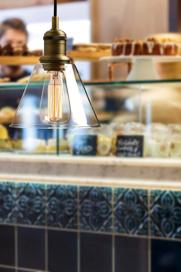 Yosoan 1-Light Vintage Edison Hanging Pendant Light, Mini Funnel Flared Glass Clear Glass Shade for Kitchen Bathroom Porch Living Room Dinning Room Office Restaurants Hotels Bar Island (Antique)