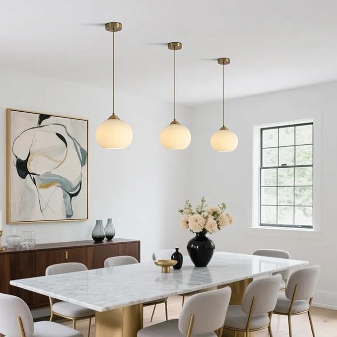 KCO Lighting Mid Century 1-Light Globe Pendant Light Industrial Vintage Brass Gold Pendant Lighting Fixture Kitchen Island Adjustable White Glass Hanging Ceiling Lights