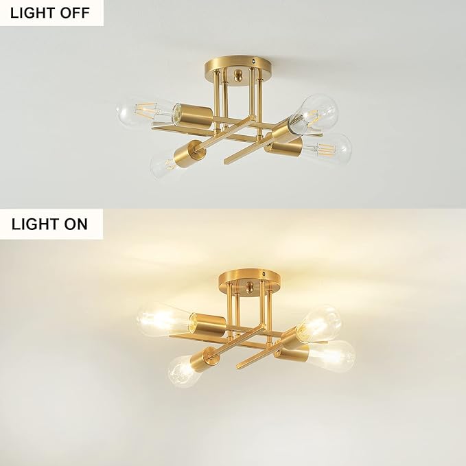 Modern Semi Flush Mount Ceiling Light Fixture, 4-Lights Farmhouse Light Fixtures Ceiling Mount Golden, Indoor Close to Ceiling Lights for Living Room Bedroom Kitchen Hallway, Bulb Not Included