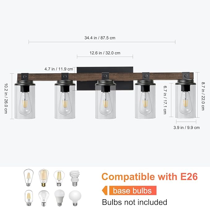 GoYeel Farmhouse Bathroom Vanity Lighting,5 Light Vanity Light Bathroom Lighting Lixtures Over Mirror Wooden with Clear Glass for Hallway Kitchen Sink