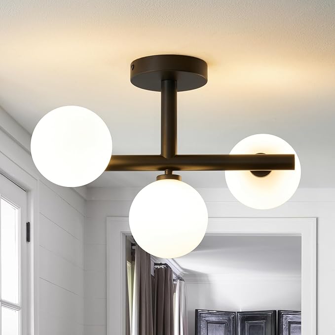 Globe Milk Glass Ceiling Light: Black 3 Lights Sputnik Chandelier - Linear Mid Century Modern Semi Flush Mount Ceiling Light - 13 Inch Brass Lighting Fixture with Sphere Shade for Bedroom Living Room