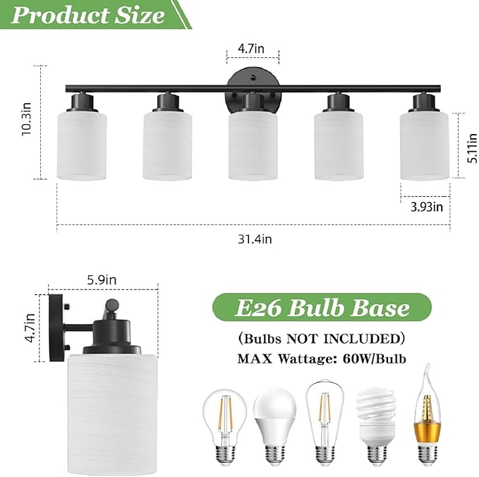 5-Light Bathroom Light Fixtures, E26 Base Vanity Lights for Mirror with Textured Milky White Glass Shade, Modern Kitchen Light Fixtures Wall Sconce Light - Black