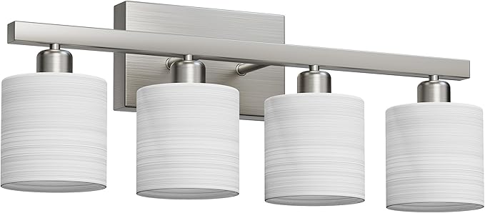 PARTPHONER Bathroom Light Fixtures, Bathroom Lighting Fixtures Over Mirror, Classic Vanity Lights, Modern Vanity Light with Textured Frosted Opal White Glass Shades, Brushed Nickel, 4-Light