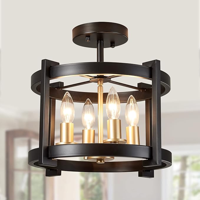 MEIXISUE 4-Light Semi Ceiling Light Flush Mount BK+GD Farmhouse Rustic Vintage Antique Ceiling Light Fixture for Hallway Entryway Gazebo Kitchen Dining Room Bedroom UL Listed