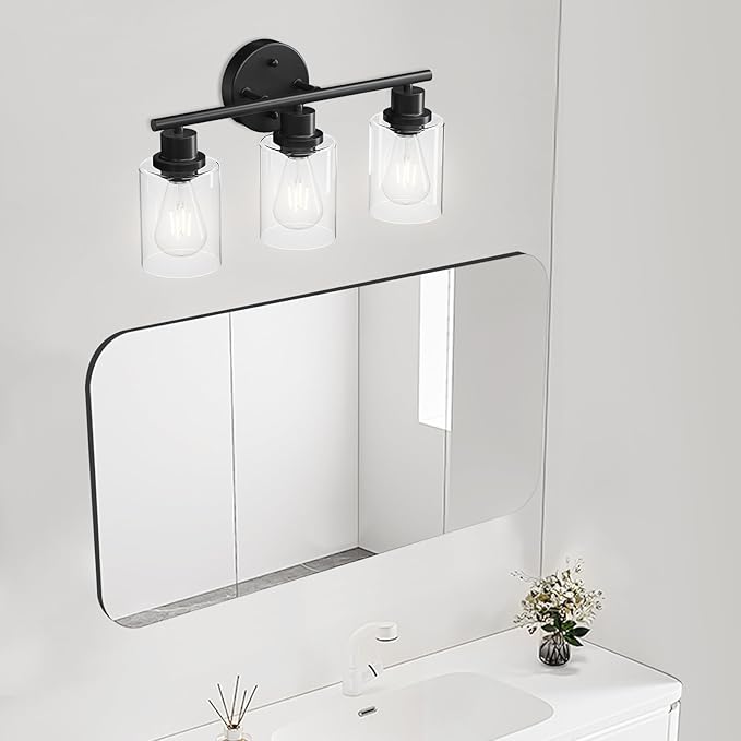 3-Light Black Vanity Lights, E26 Modern Bathroom Light Fixtures with Clear Glass Shade, Wall Lamps for Mirror Kitchen Hallway Cabinet Living Room Sconces Lights