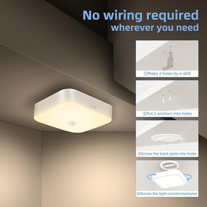 WhitePoplar Wireless Motion Ceiling Light - 500LM Battery Operated Closet & Shower Light, 3000K Warm, Indoor/Outdoor for Closet, Shower, Porch, Hallway, Garage 2Pack