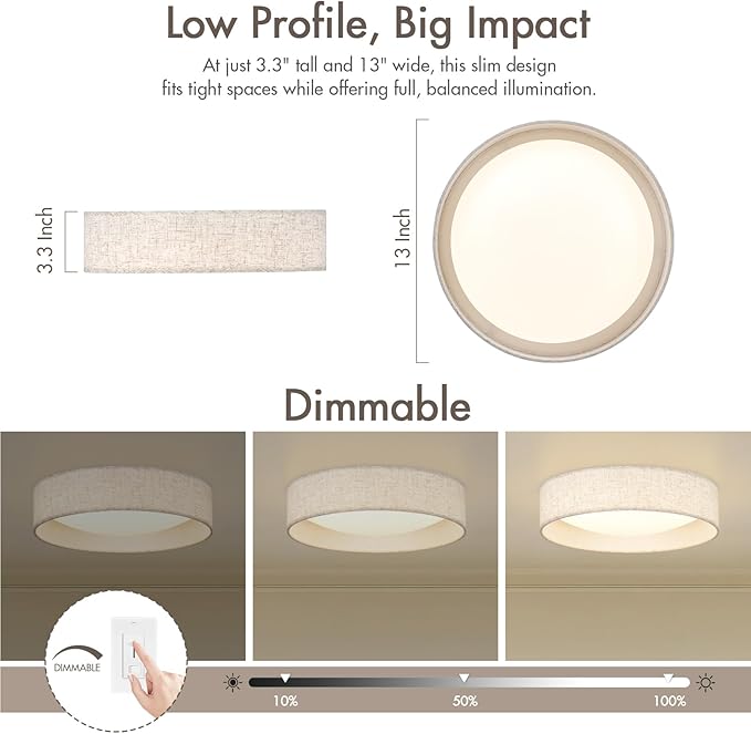 Modern Linen LED 13 Inch Ceiling Light Fixture with 24W 5CCT, Set of 2, Flush Mount Low Profile Room Lamp, Dimmable Minimalist Lighting for Bedroom, Kitchen, Hallway, Closet, Entryway, 2 Pack