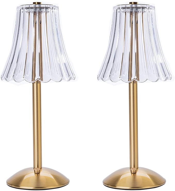 HEQET Cordless Table Lamps for Home,Table,Dining Room, Gold Rechargeable Lamps, USB Charge 12'' Tall LED Brass Portable Outdoor Indoor Table Lamp with Built-in Dimmer (Pack2 Gold Flower Lamp)