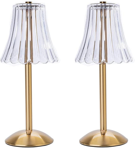 HEQET Cordless Table Lamps for Home,Table,Dining Room, Gold Rechargeable Lamps, USB Charge 12'' Tall LED Brass Portable Outdoor Indoor Table Lamp with Built-in Dimmer (Pack2 Gold Flower Lamp)
