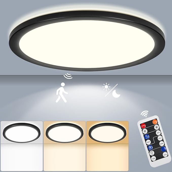 LEZOE 24W Motion Sensor LED Ceiling Light dimmable with Remote, 12Inch 2400lm 3000K/4000K/6500K Flush Mount Ceiling Lighting Fixture, Radar Ceiling Lamp for Hallway Laundry Porch Stair Closet Black
