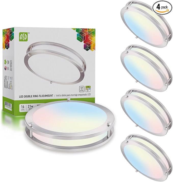 ASD LED 14" Round Flush Mount Lighting, Close to Ceiling Light Fixture | 3CCT, Dimmable, Energy Star, ETL Listed | 21W 1725LM 3000-5000K 100-277V | Low Profile Double Ring Lamp | Nickel, 4 Pack