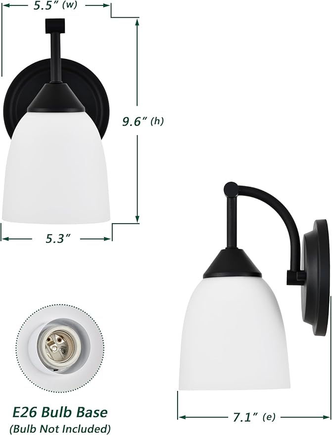 Traditional 1-Light Indoor Black Wall Sconce with Frosted Glass Bathroom Bedroom Hallway, 9.6" H x 5.5" W, Textured Black