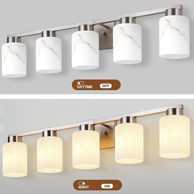 5-Light Bathroom Light Fixtures, Modern Vanity Lights, Brushed Nickel Metal Wall Lamp with White Marble Glass for Bathroom, Mirror, Living Room, Bedroom, Cabinet, Porch, Hallway, E26 Base