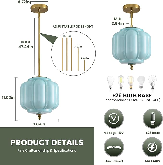 Vintage Blue Glass Pendant Lights 9.8 Inch Mid Century Modern Hanging Ceiling Light, Adjustable Height Kitchen Island Hanging Lights for Dining Room, Kitchen, Hallway and Bedroom, E26 Base