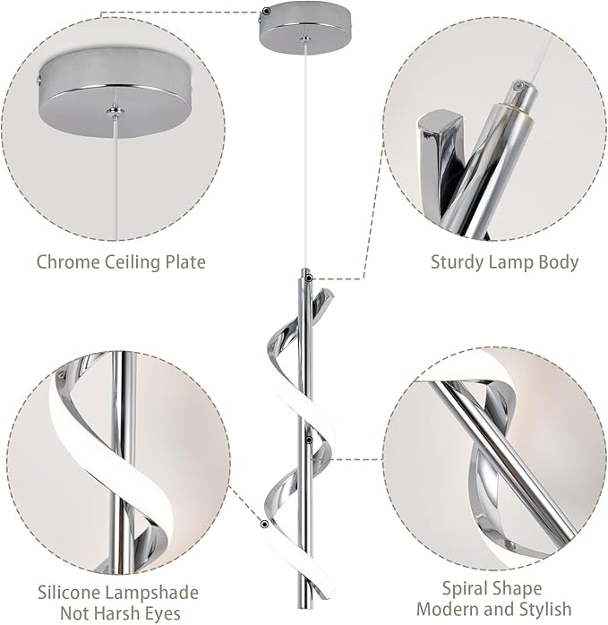 CANEOE 3 Packs Modern Spiral Led Pendant Light Fixture, Cold White 5500K Kitchen Island Pendant Lamp, Adjustable Hanging Light Fixture for Bedroom Living Room Kitchen Sink (Chrome)