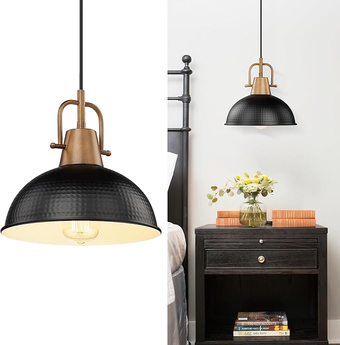Emliviar 10.2 Inch 1-Light Farmhouse Pendant Light, Modern Pendant Lighting for Kitchen Island, Hammered Metal Dome Shade in Black Finish, GE269MIL BK+WD