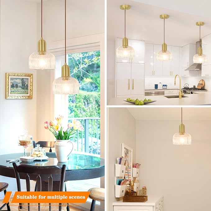 Lxybcce Mid Century Modern Glass Pendant Light, Gold Kitchen Island Pendant Light Fixture, Minimalist Brushed Brass Ceiling Hanging Lamp, Adjustable Hanging Lighting for Barthroom Dining Room Hallway