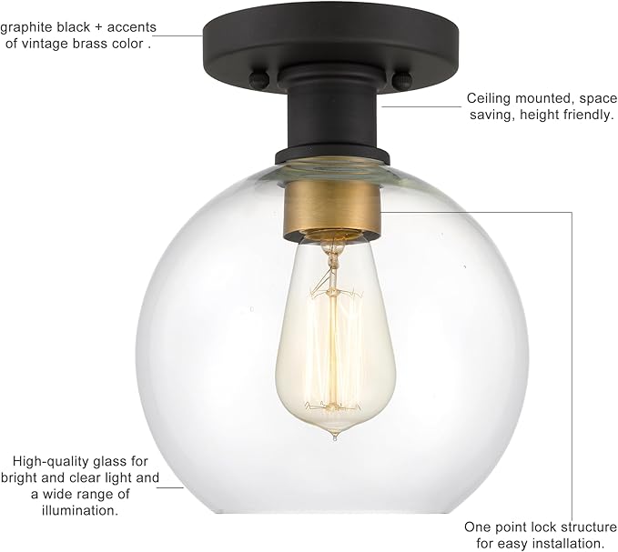 Tawson Dan Modern Farmhouse 1-Light Flush Mount Ceiling Light Clear Glass Globe Black Gold Finish for Hallway, Entryway, Passway, Bedroom, Garage, Kitchen, Balcony