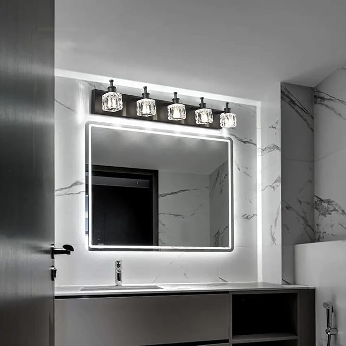 PRESDE Black Crystal Bathroom Vanity Light for Bathroom Modern 5 Light Vanity Lighting Fixtures