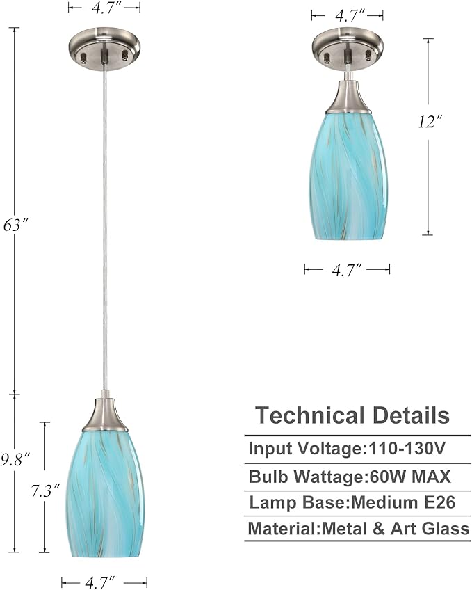 karyfine Mini Art Glass Pendant Lights Kitchen Island,Handcrafted Teal with Gold Glass Ceiling Pendant Lighting Brushed Nickel Adjustable Cord Hanging Lamp Cover for Coffe Bar,Dining Room 3pack
