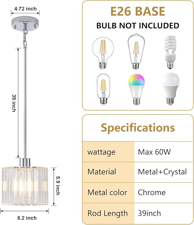 XSDeTu 2 Pack Crystal Pendant Light Fixtures, Modern Chrome Hanging Light, 1-Light Small Farmhouse Chandelier, Adjustable Hexagonal Cage Pendant Lighting for Kitchen Island, Dining Room, Bedroom