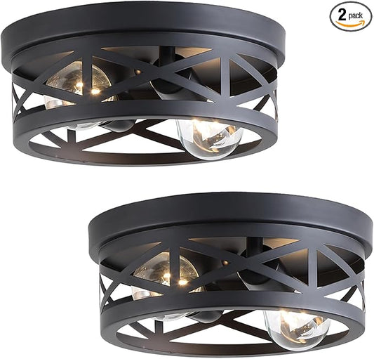 2 Pack Black Farmhouse Flush Mount Ceiling Light,2-Light Rustic Hallway Light Fixtures,Industrial Lighting Fixtures Ceiling Mount for Kitchen Hall Entry Bedroom Closet