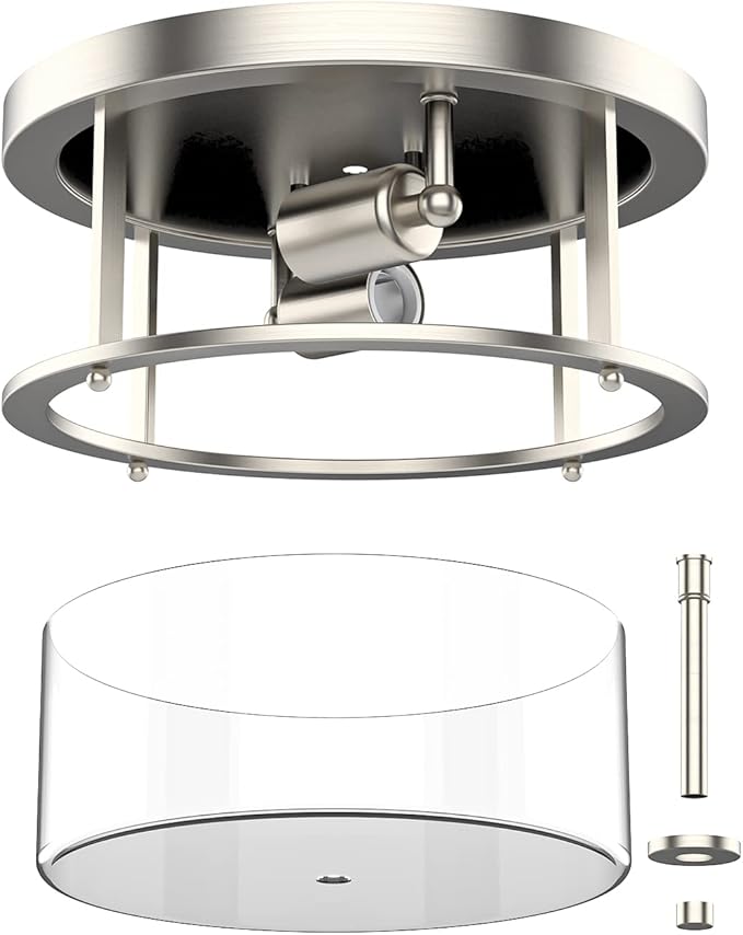 EAPUDUN Flush Mount Ceiling Light Fixtures, 12inch 2-Light Farmhouse Close to Ceiling Light Fixture with Clear Glass Shade, Brushed Nickel Finish for Porch, Entryway, Bedroom, FMA1413-BNK