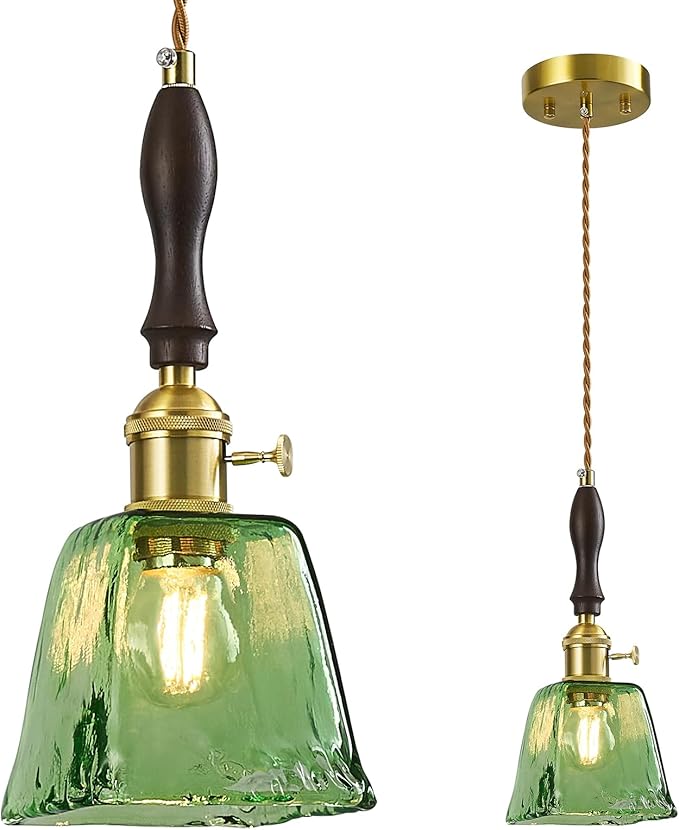 Green Glass Vintage Pendant Light Height Adjustable Handmade Glass Pendant Lights Kitchen Island Gold Hanging Light Fixture with Wood Handle for Bedroom Dining Room Hotel (1 Pack)