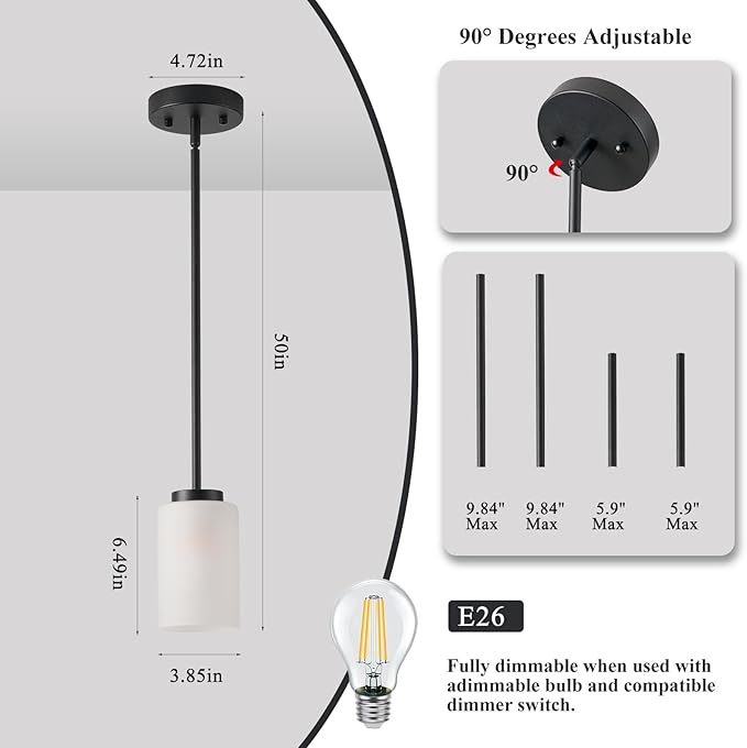 1-Light Mini Pendant Light Fixtures, Industrial Chandelier Hanging Ceiling Lights with Opal White Glass, Adjustable Height, Black Pendant Lamp, 3 Pack