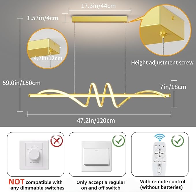 Modern LED Pendant Lights, Ceiling Chandelier Dimmable with Remote Control 3000k-6000K Adjustable Color Temperature, Aluminum Island Lighting Lamp Fixture for Kitchen, Dining Room(47in Gold)