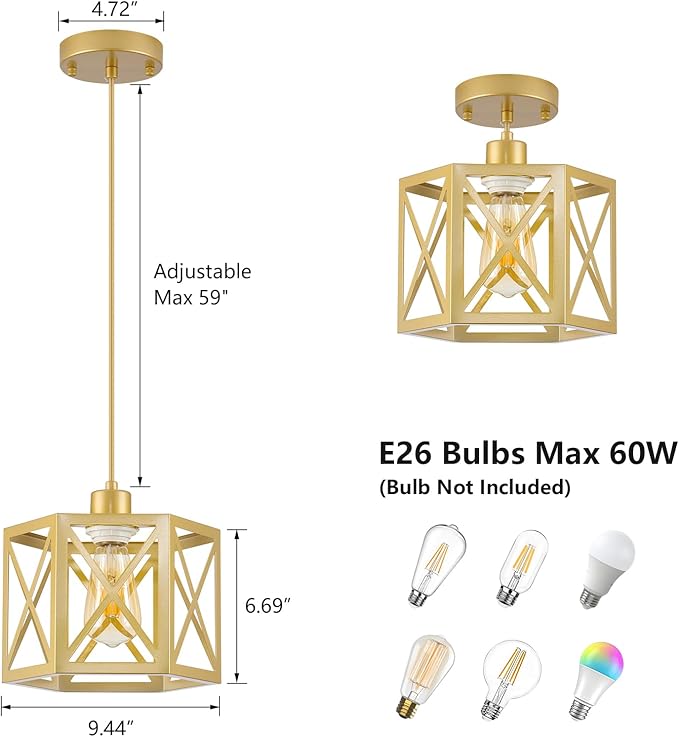 XSDeTu 2 Pack Gold Pendant Lights, Modern Farmhouse Hanging Light Fixture with Hexagonal Cage, Vintage Brass Metal Ceiling Lights, Adjustable Lantern Pendant Lighting for Kitchen Island Sink Hallway