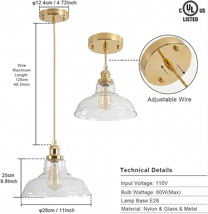 GLADFRESIT 3 Packs Industrial Pendant Lights, Vintage Hanging Light Over Table, Clear Dome Glass Lampshade, Golden Lamp Head and Base, Adjustable Hanging Height Lighting Fixtures.
