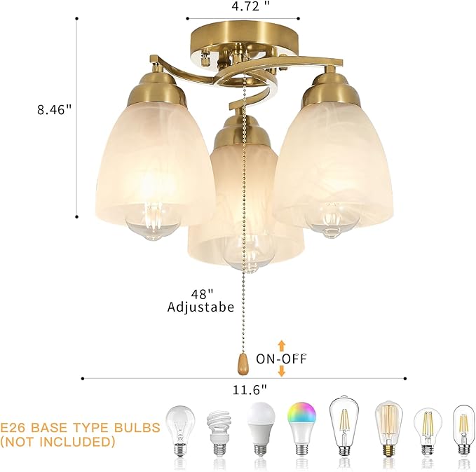 3-Light Flush Mount Ceiling Light with Pull Chain, Modern Golden Lighting Fixtures with Alabaster Glass for Kitchen Island Dining Room Bedroom Farmhouse Foyer Hallway