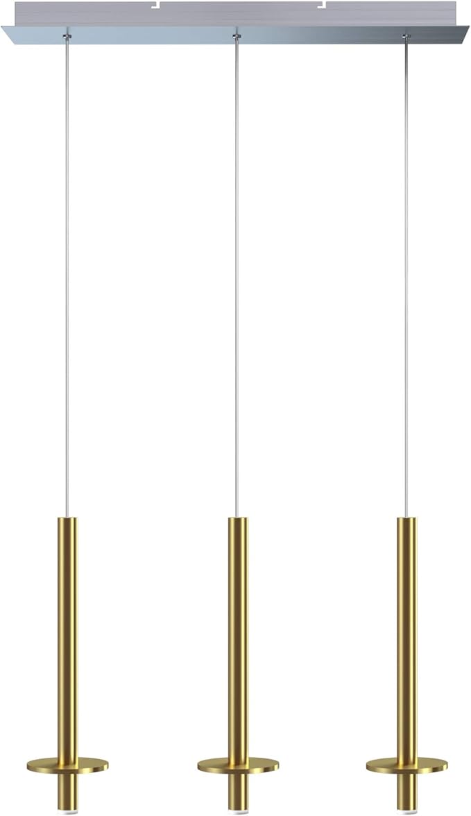 Draco 3 Pendant Lighting Brass – LED Hanging Light Fixture for Kitchen Island, Bar, Foyer – Equilateral Cluster of Mini Metal Rod Pipe Tube Cylinders – Dimmable, Adjustable Wire, Lamp Bulb Included