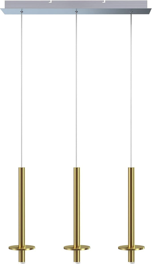 Draco 3 Pendant Lighting Brass – LED Hanging Light Fixture for Kitchen Island, Bar, Foyer – Equilateral Cluster of Mini Metal Rod Pipe Tube Cylinders – Dimmable, Adjustable Wire, Lamp Bulb Included