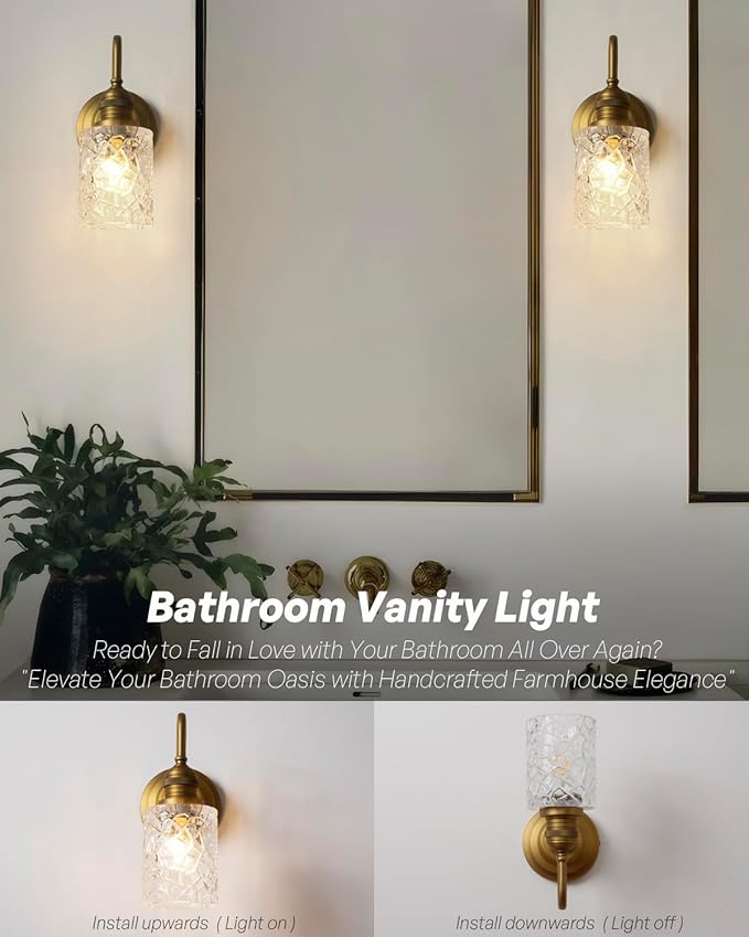Vintage Wall Sconce Brass Gold Bathroom Vanity Light with Clear Ripple Glass Shade Indoor Hardwire Wall Mounted Lamp Light for Bathroom Mirror Living Room Bedroom Kitchen