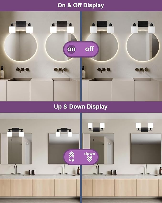 Sailstar Modern Bathroom Lights - 2-Light Vanity Fixtures with Milky White Glass Shades, Anti-Rust Matte Black Finish, E26 Base