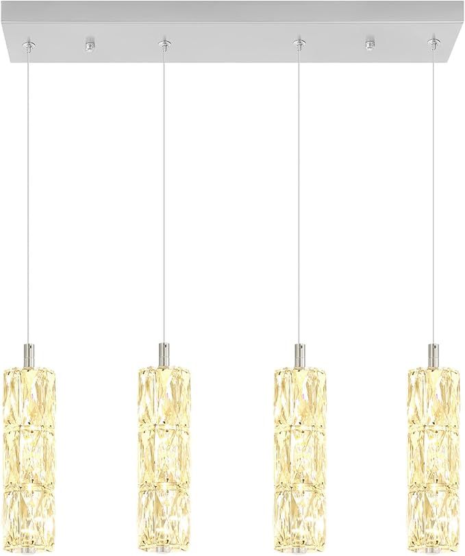 ykolupty Rectangle Crystal Pendant Lights LED Dimmable Pendant Ceiling Lighting Modern Linear Chandelier for Dining Room Hallway Silver