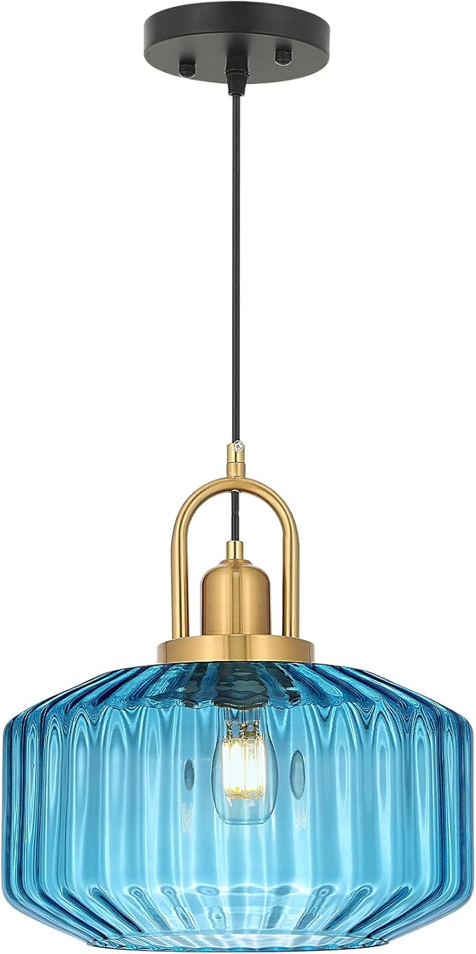 11.8in Mid Century Modern Blue Glass Pendant Light Fixture, Large Gold Kitchen Island Pendants Light Glass Ceiling Hanging Lamp for Foyer Dining Room Bedroom Entryway Hallway Over Sink