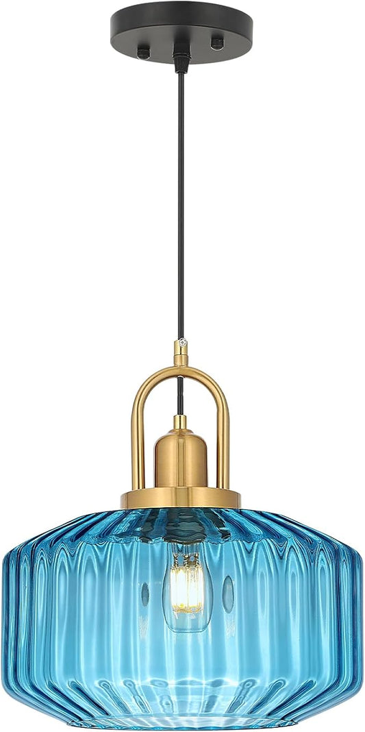 11.8in Mid Century Modern Blue Glass Pendant Light Fixture, Large Gold Kitchen Island Pendants Light Glass Ceiling Hanging Lamp for Foyer Dining Room Bedroom Entryway Hallway Over Sink