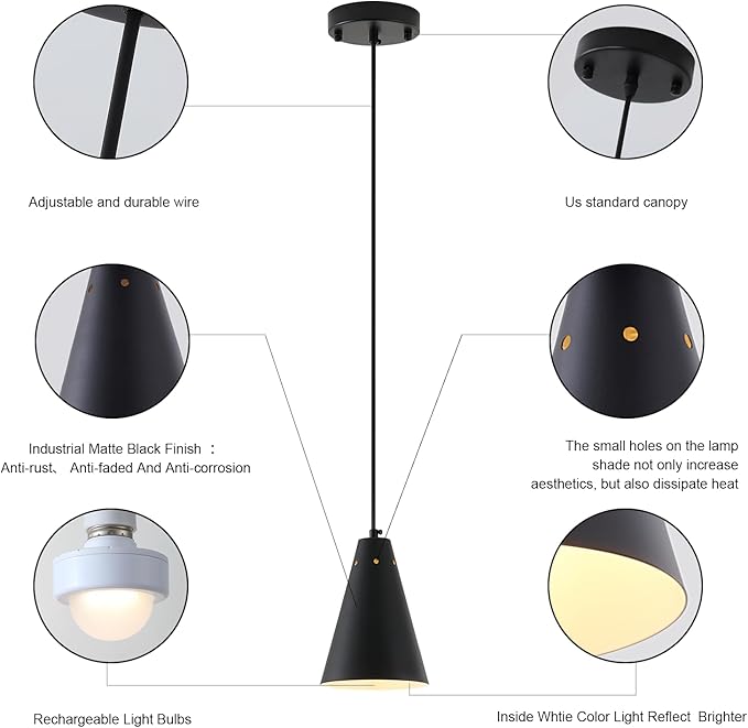 Dijiahua Black Battery Operated Pendant Light 3 Pack with Remote Control,Wireless Rechargeable Mini Chandeliers with Metal Shade, Modern Dimmable 12 GRB Color Temperatures Cord Hanging Lighting