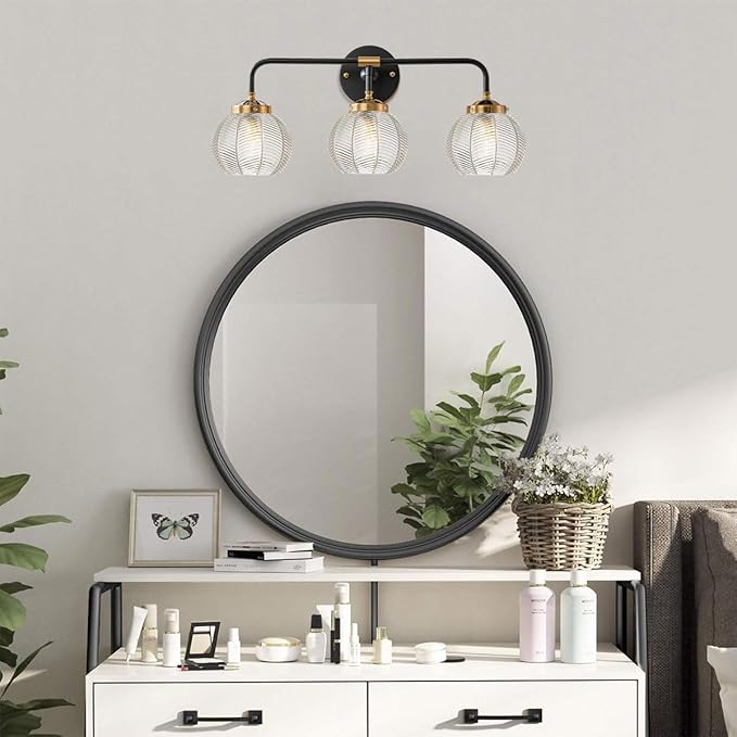 Bathroom Vanity Light fixtures 3 Light Glass Globe Wall Sconce Lights Black Wall Mount Light with Clear Glass Shade, Mid Century Modern Wall Sconce for Over Mirror Bedroom Hallway (3-Lights)