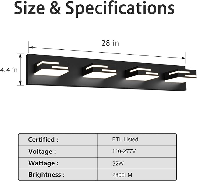 LED Modern Bathroom Vanity Light Fixtures 4-Light 28-inch 5CCT Dimmable Matte Black Vanity Lights for Bathroom Lighting Fixtures Over Mirror, with 360° Rotatable Acrylic Heads