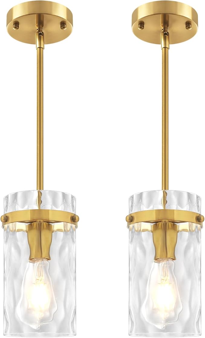 Brushed Gold Pendant Lights Kitchen Island 2 Pack, Hammered Glass Kitchen Pendant Lighting Over Island Adjustable Hanging Bathroom Light Fixtures Modern Pendant Light for Dining Room Hallway Foyer