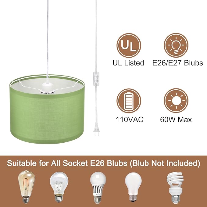 PATIKIL Plug in Pendant Light, 2 Pack 15Ft Rope Cord Hanging Lamp Fixture with ON/Off Switch, Linen Fabric Shade E26/E27 Bulb Socket for Bedroom Kitchen Living Room, Light Green