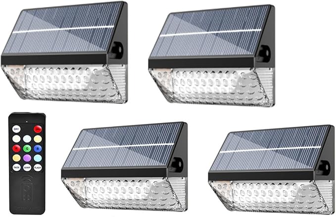 FVTLED Solar Fence Lights Outdoor, RGBW Color Changing Solar Wall Lights Outdoor with Remote Control, Waterproof LED Deck Light for Garden Yard Patio Deck Step Patio Wall (4 Pack)