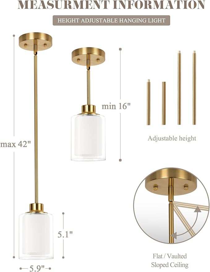 1-Light Mini Pendant Light Fixtures, 2-Pack Modern Hanging Ceiling Lighting, Adjustable Height, Gold Pendant Lamp with Dual Glass for Kitchen Island Bedroom