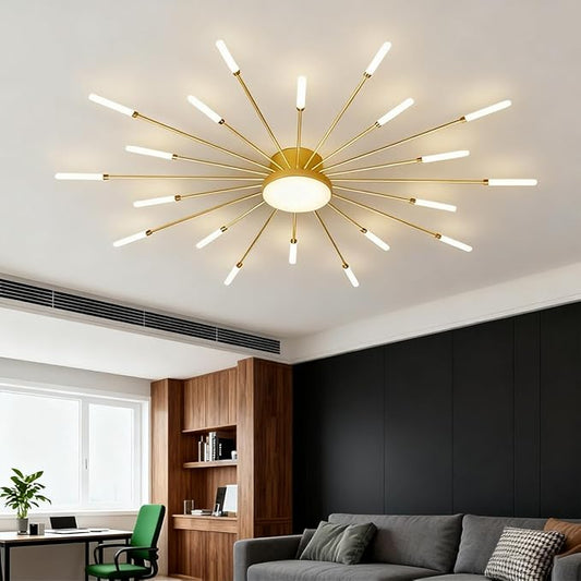 LED Firework Ceiling Light, 20+1 Lights Modern Metal Flush Mount Ceiling Light, 4000K Gold Sputnik Chandelier for Dining Room Bedroom Kitchen, 32W Farmhouse Flower Shape Ceiling Lamp