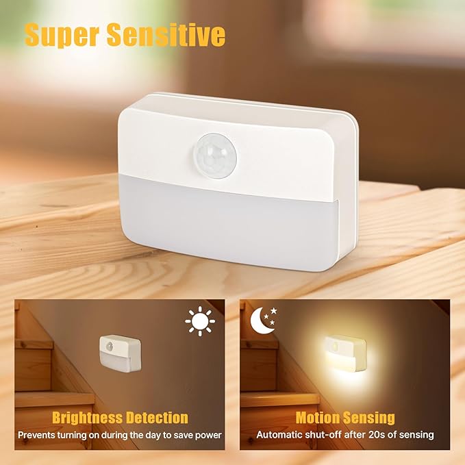 Guankai 8 Pack Motion Sensor Stair Light for Indoor, Battery Operated Closet Lights, Wireless Stick on Anywhere Hallway Lamp, Portable Led Night Lamps for Bedroom Under Cabinet Kitchen